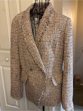 White House Black Market Beige Multi Tweed Fringed Blazer RUNS SMALL